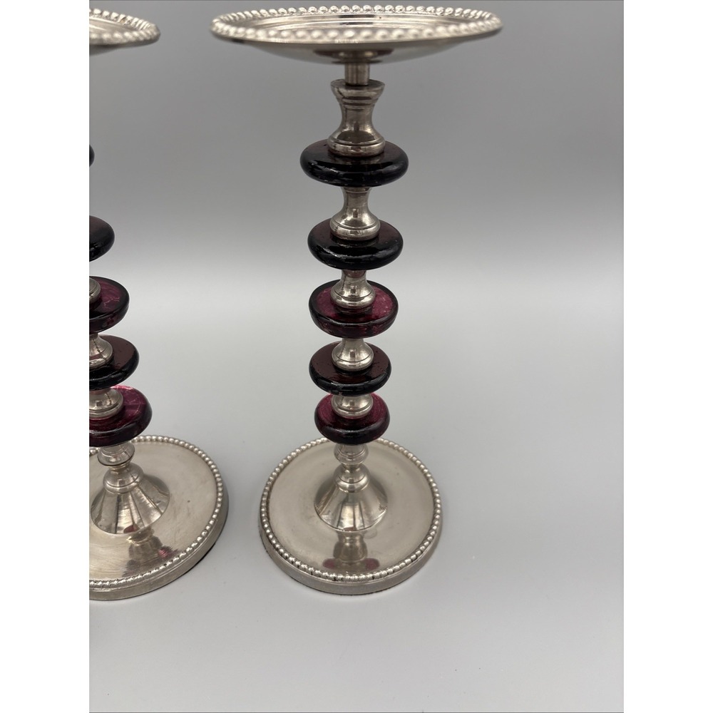Pillar Candle Holder Set of 2 Made In India Metal Glass Beaded Design Vintage - Picture 7 of 16